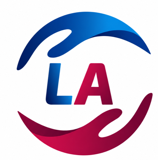 Loving Arms logo: two hands, one blue and one red, encircling the letters LA